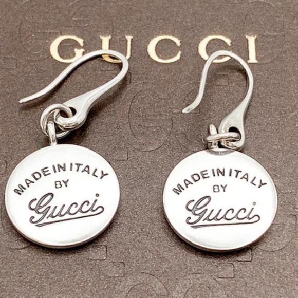 Auth GUCCI Signature Logo Round Tag Sterling Sliver Drop Earrings/New Gorgeous - Picture 2 of 7